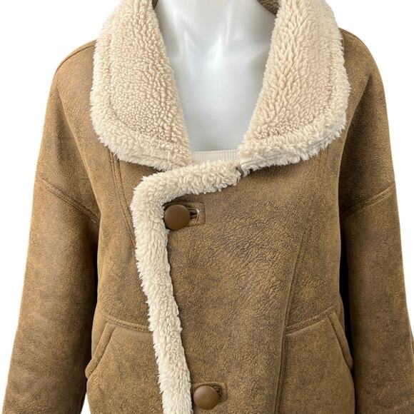 Lucky Brand Brown Suede Faux Shearling Asymmetric Button Moto Jacket Coat Sz XL - Picture 3 of 5